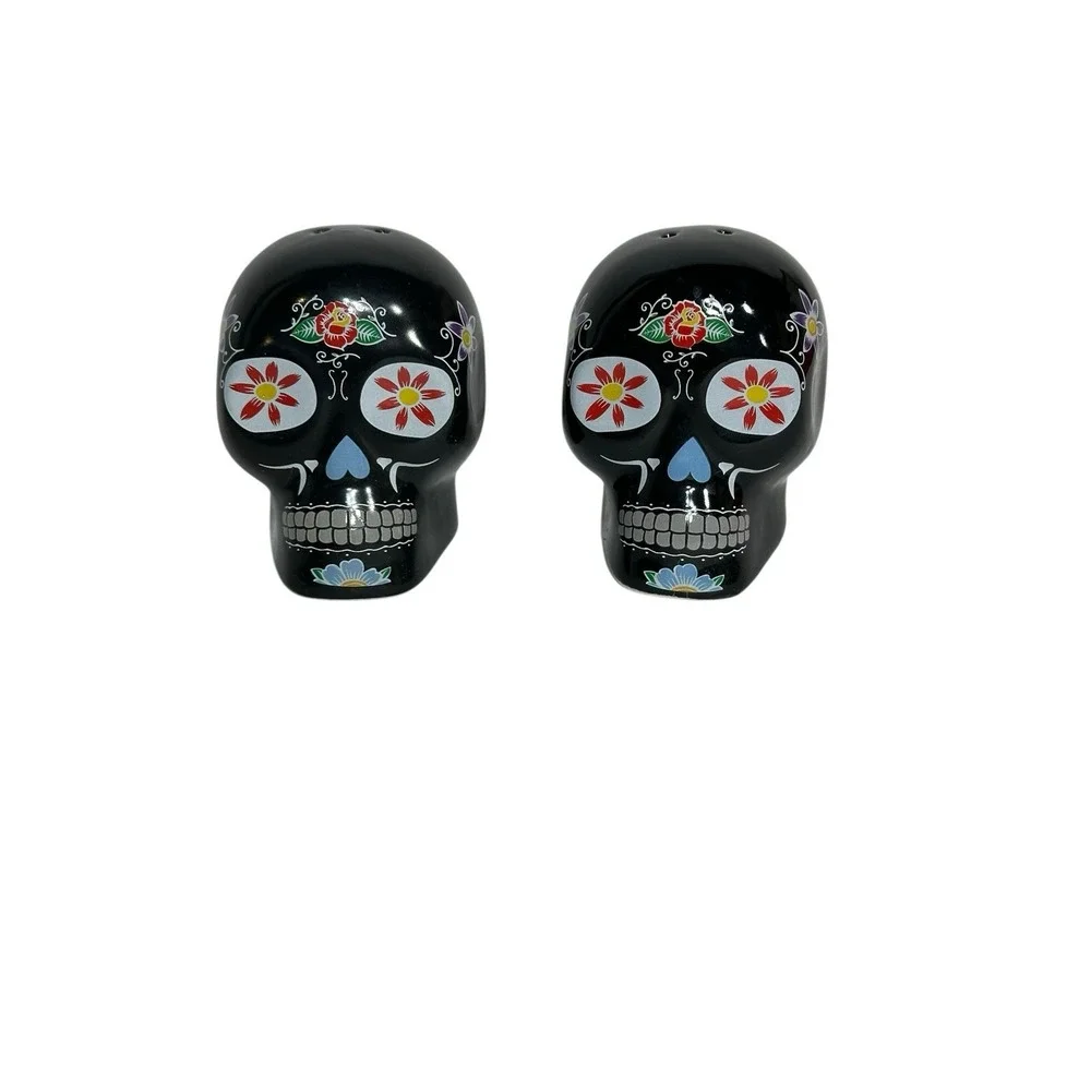NEW sugar day of dead skull‎ SALT & PEPPER SHAKERS black